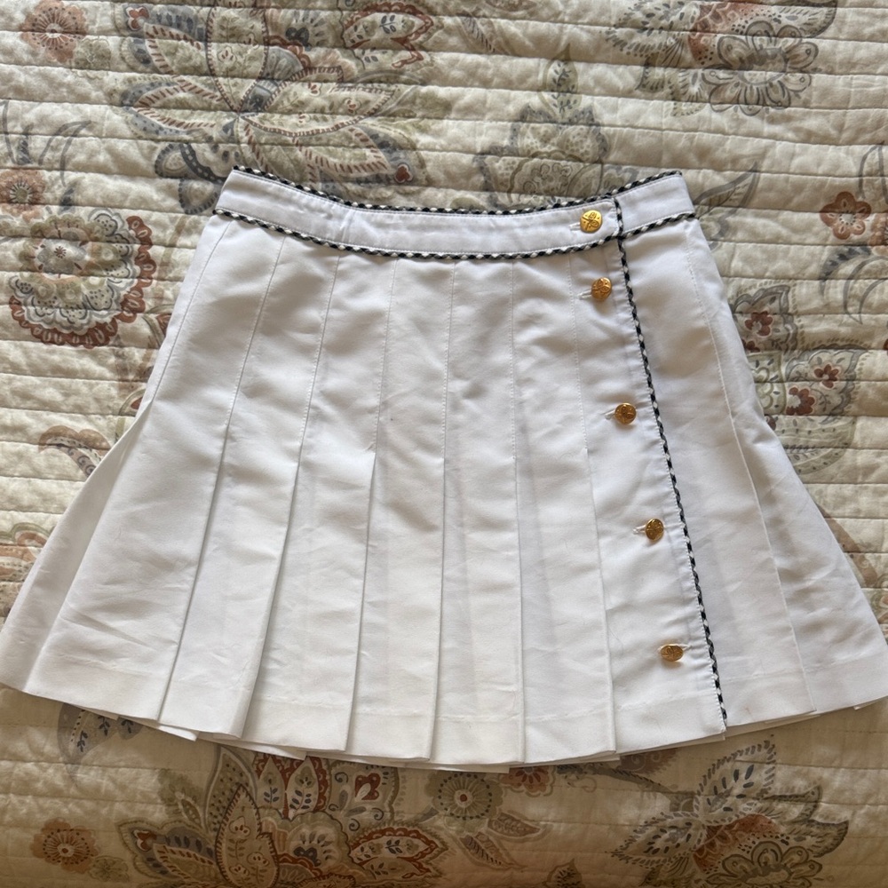 White Pleated Lizsport Tennis Skirt with Gold Buttons and Gingham Piping, Size 4
